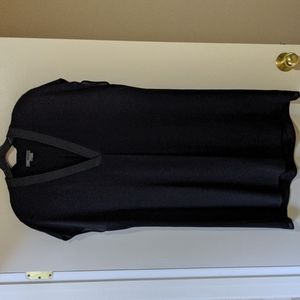 Black short-sleeve silk dress with leather v-neck